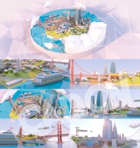 C4D低多面卡通沿海城市微观沙盘场景模型