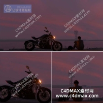 C4DOC工程-夕阳场景工程摩托车模型孤独的人场景工程